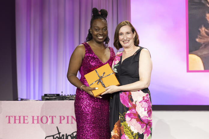 Kristen Manion Taylor, Senior Vice President of In-Flight Service at Delta, honored Delta flight attendant and "survival sister" Marenda Hughes Taylor with the Roslyn and Leslie Goldstein Unsung Hero Award at this year's Breast Cancer Research Foundation Hot Pink Party in New York.