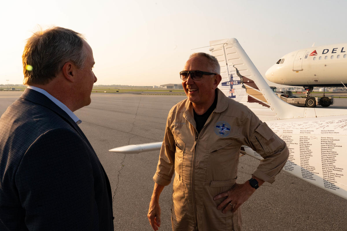 Pilots Barry Behnfeldt and Aaron Wilson, along with maintenance technician Thomas Twiddy make a stop at Hartsfield-Jackson Atlanta International Airport (ATL) during their 48N48 mission -- an attempt to land in all 48 of the contiguous states within 48 hours. They were greeted by Delta Chief of Operations John Laughter.